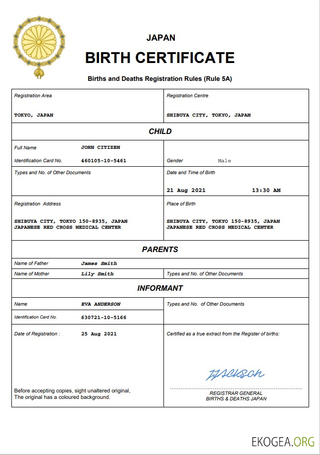 Modèle Word et PDF d'acte de naissance au Japon, entièrement modifiable
